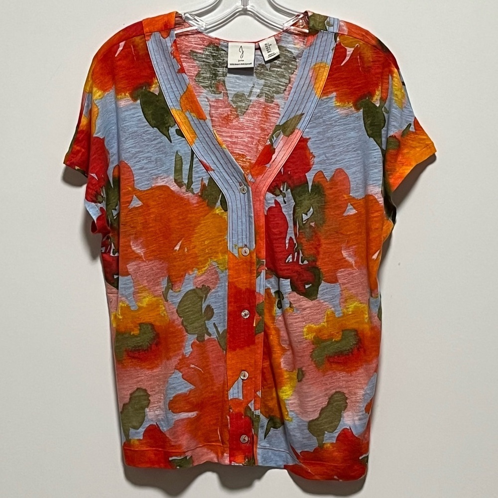 Joie Vibrant Colorful floral Linen blend cap sleeves Button-Up trendy Blouse